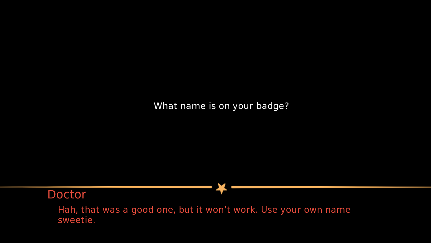 The Freak Circus Doctor name easter egg dialogue after entering Doctor as the player name